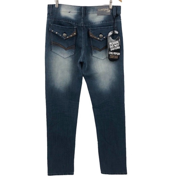 Chili Peqper Mens Jeans Size 33 Straight Leg Embellished Distressed Med Wash NWT - Picture 2 of 9